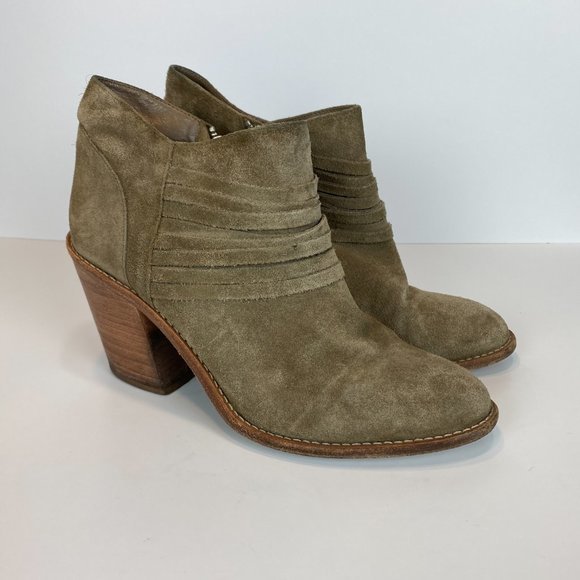 Loeffler Randall Ankle Booties 9 Khaki Green Gray Suede Leather Stacked Heel - Picture 16 of 16